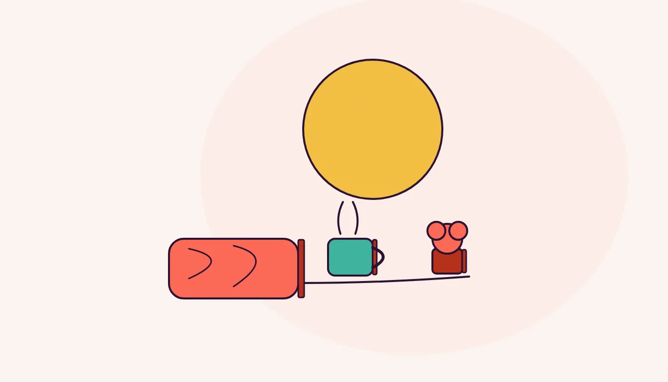 A round full moon glows above a folded blanket, a steaming mug, and a small potted plant on a table.