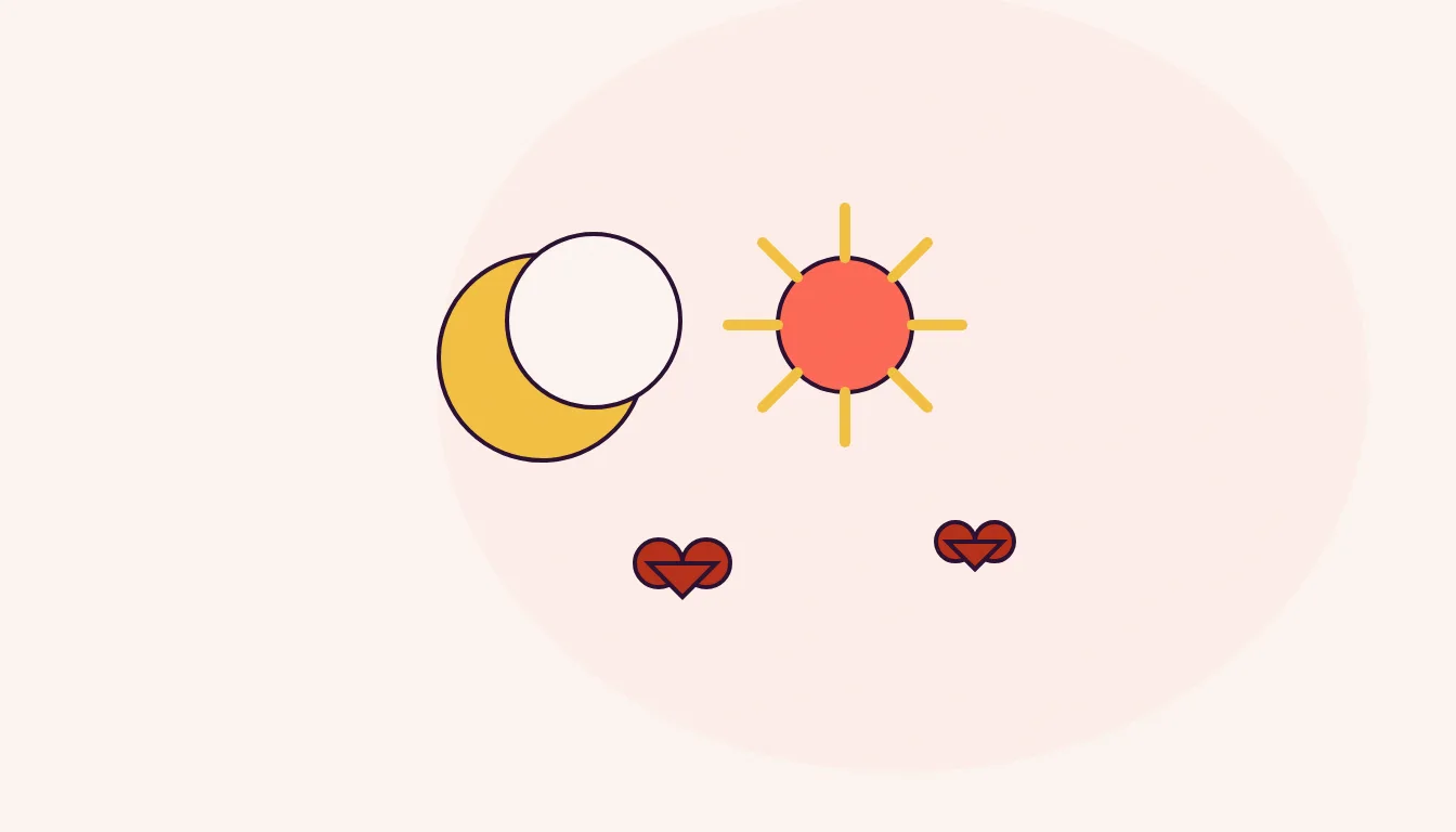 A golden crescent moon beside a sunburst standing in for Leo's mane, with two small hearts, for a festive romance mood.
