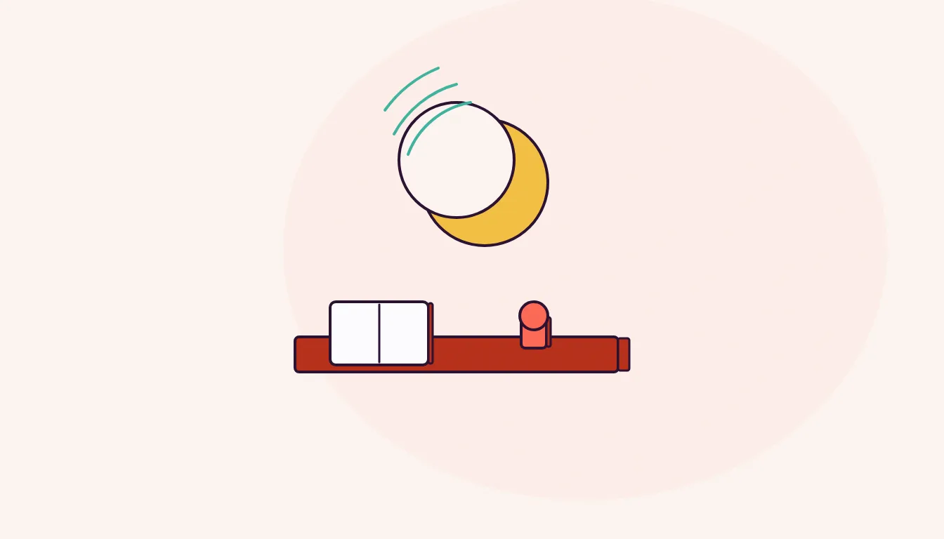 A pale crescent moon glows above a tidy desk holding an open notebook and a small mug, ringed by faint motion lines.