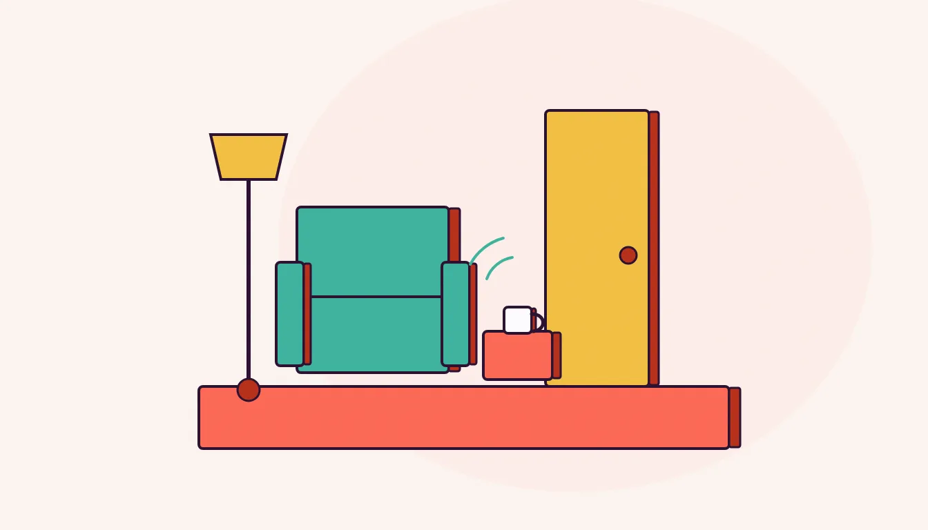 A cozy armchair and lit floor lamp facing a closed door, a small side table beside it holding a steaming mug.