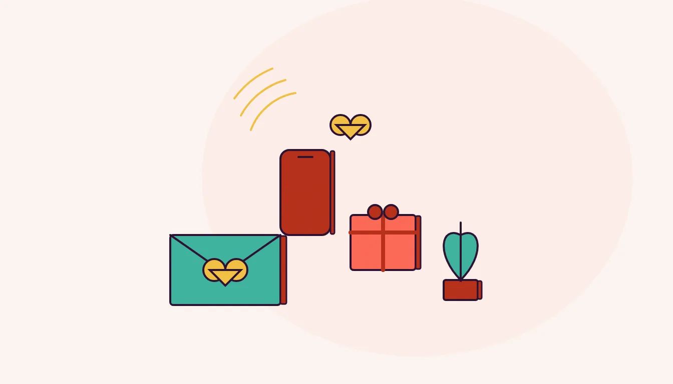 An envelope with a heart seal, a wrapped gift box, a small potted plant with heart-shaped leaves and an upright phone, flat vector style.