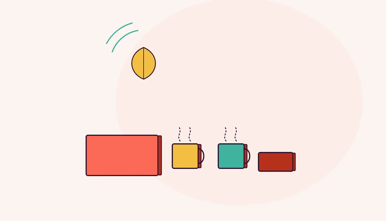 A folded blanket, a pair of steaming mugs side by side, a phone lying face down, and one falling autumn leaf, flat vector style.